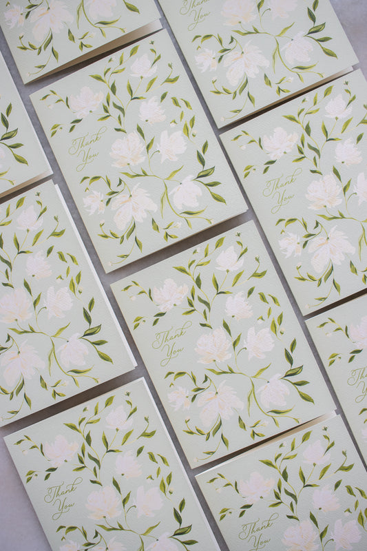 Boxed Set of 10 Green & White Flower Pattern Thank You Cards