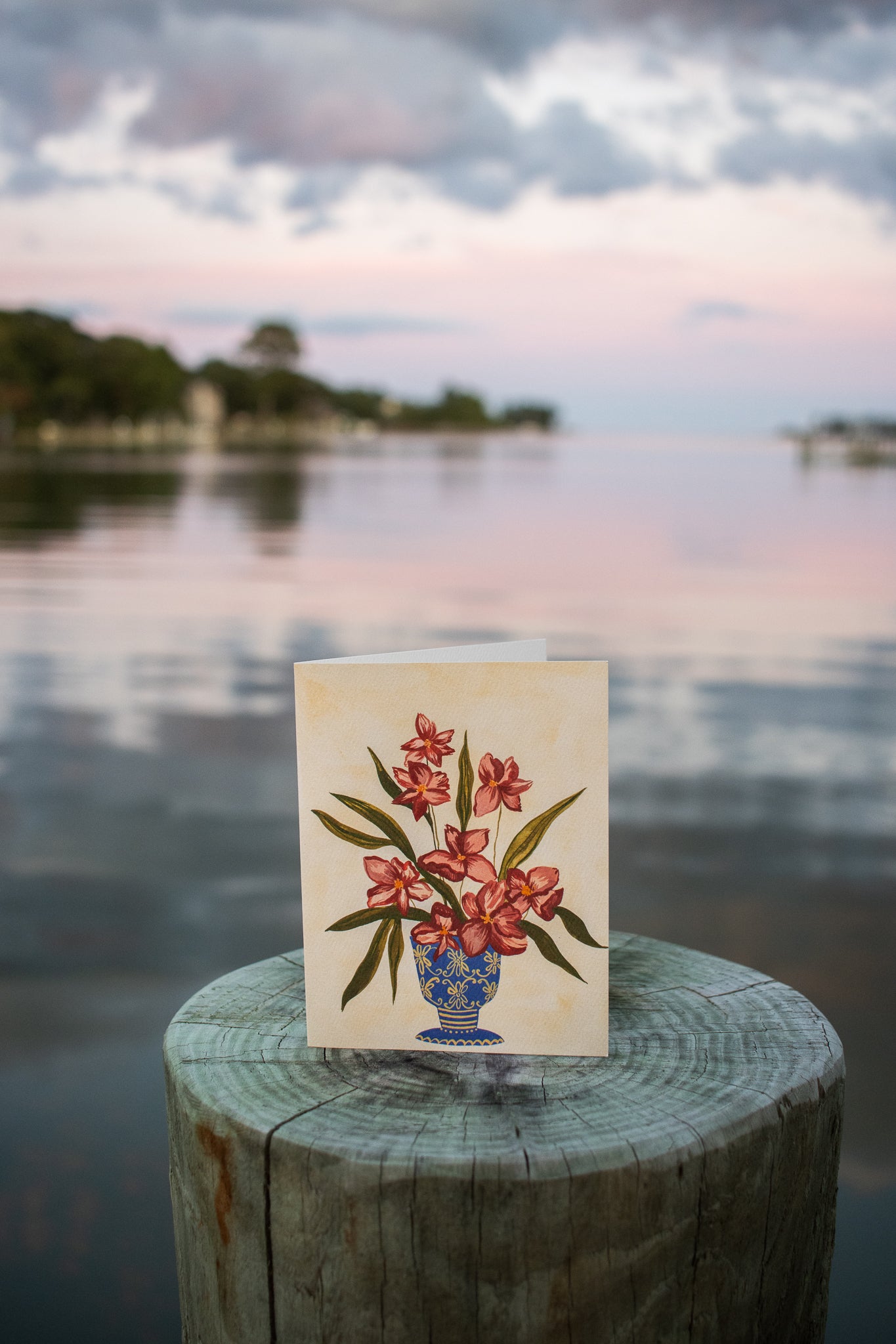 Mauve Flowers in Blue Vase Card