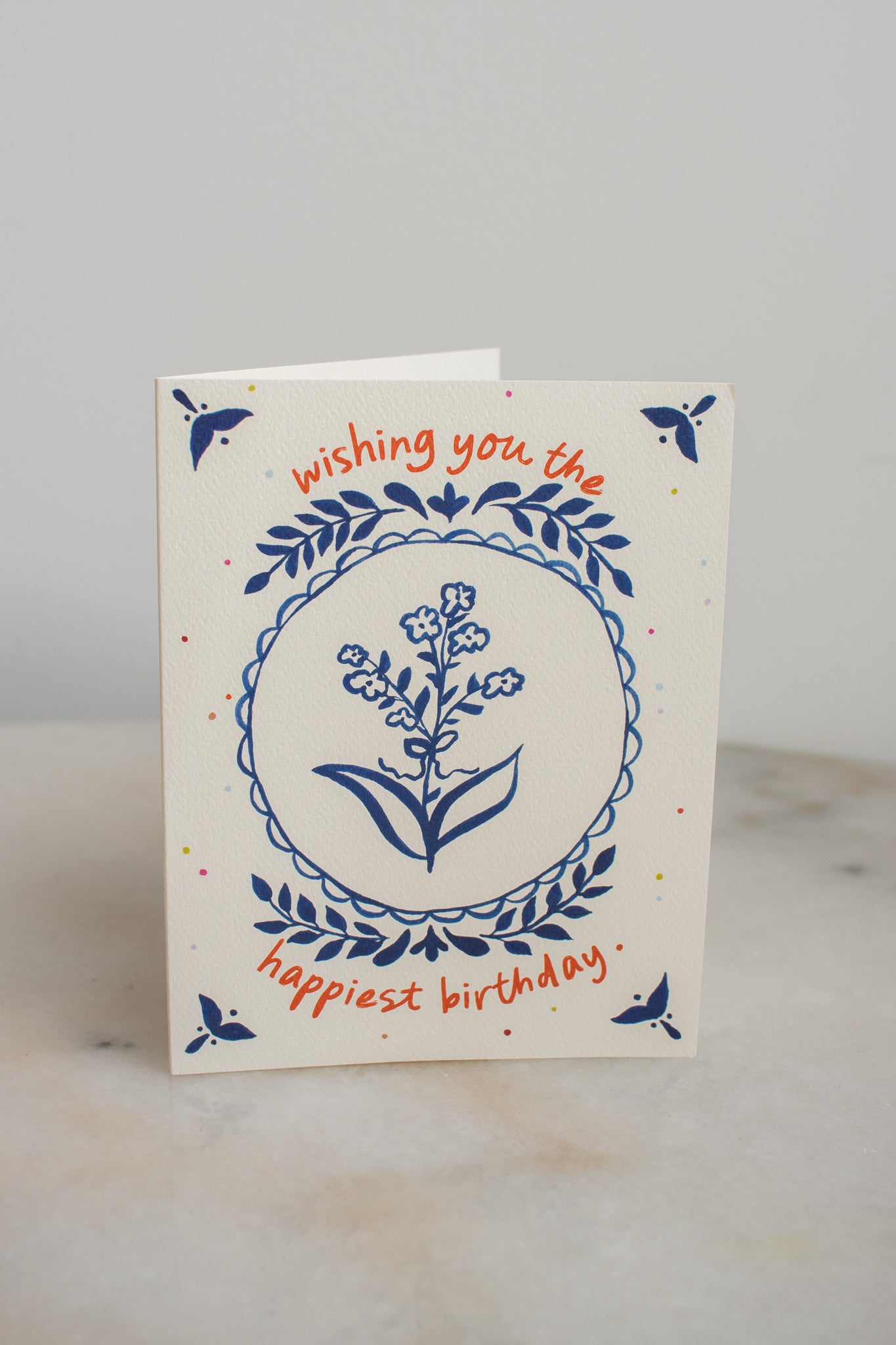 Blue Floral Polka Dot Birthday Card