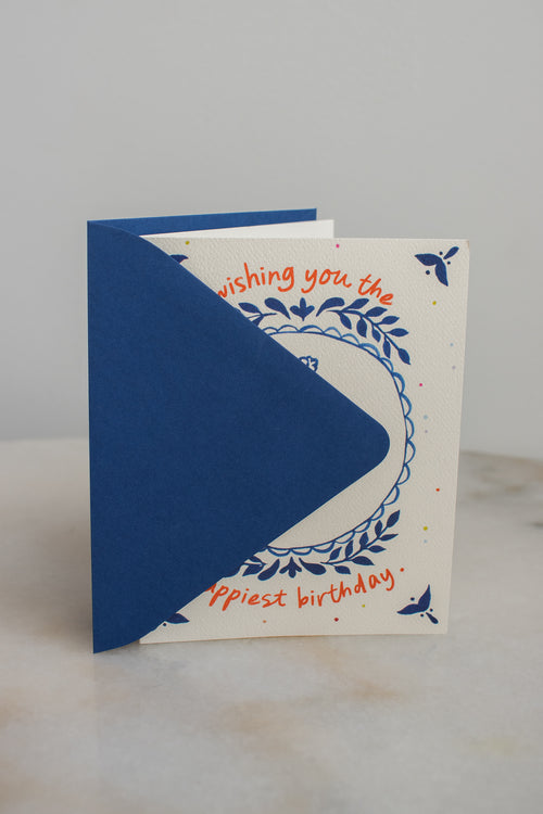 Blue Floral Polka Dot Birthday Card