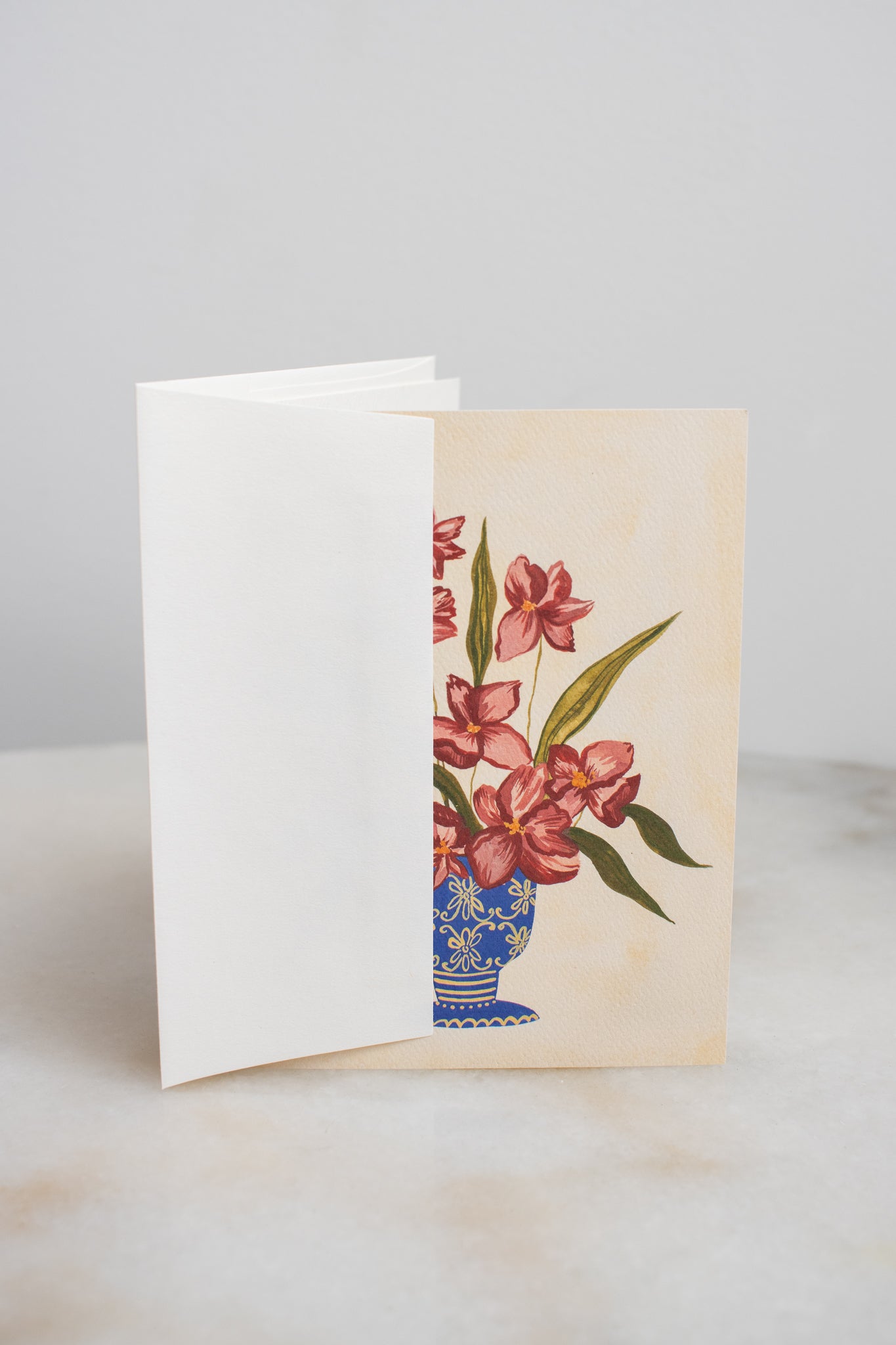 Mauve Flowers in Blue Vase Card