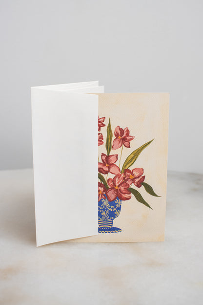 Mauve Flowers in Blue Vase Card