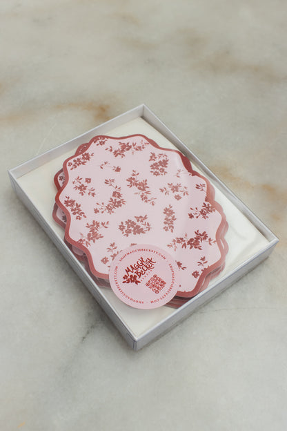 Boxed Set of 10 Floral Maroon Notecards with Wavy Edge