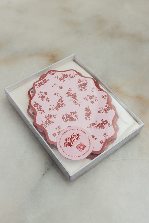 Boxed Set of 10 Floral Maroon Notecards with Wavy Edge