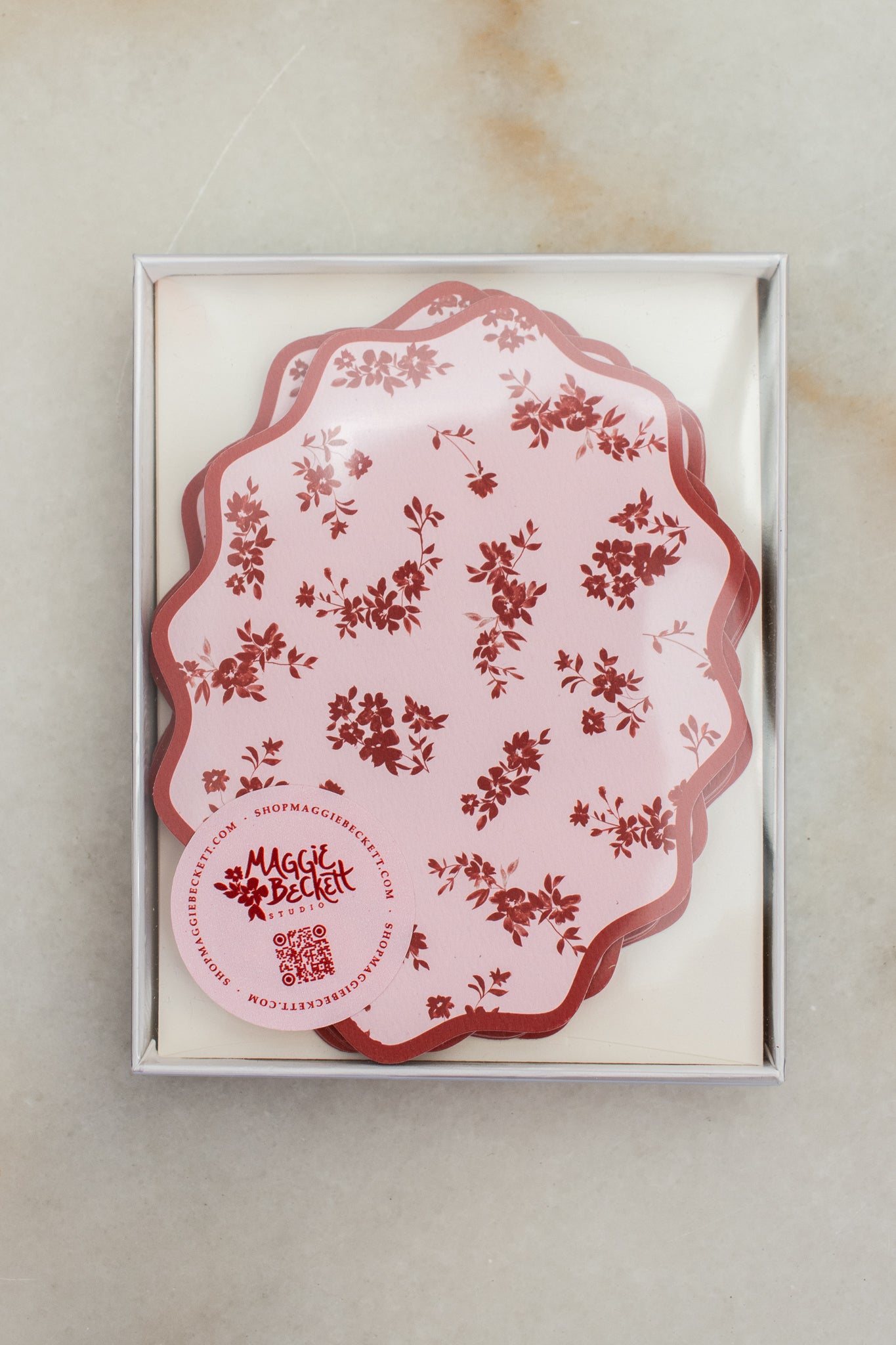 Boxed Set of 10 Floral Maroon Notecards with Wavy Edge