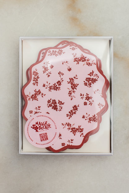 Boxed Set of 10 Floral Maroon Notecards with Wavy Edge