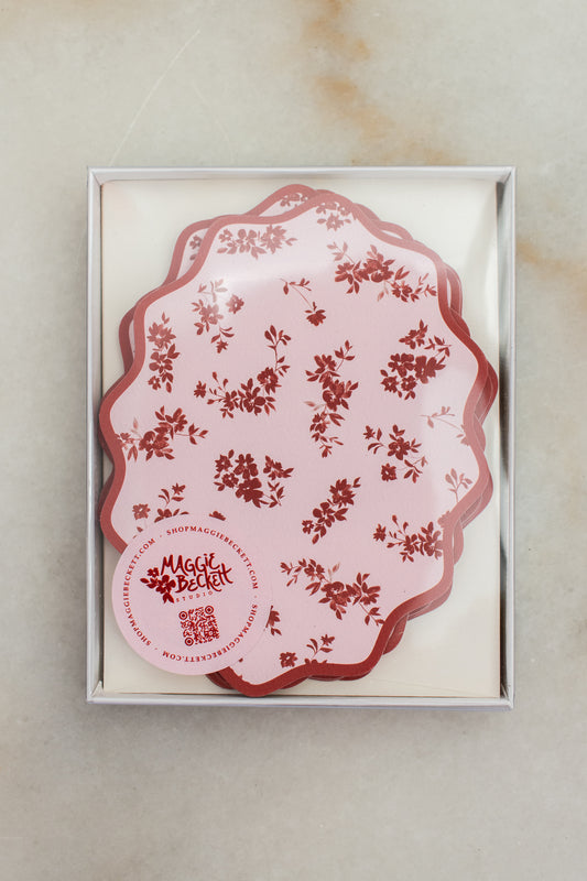 Boxed Set of 10 Floral Maroon Notecards with Wavy Edge