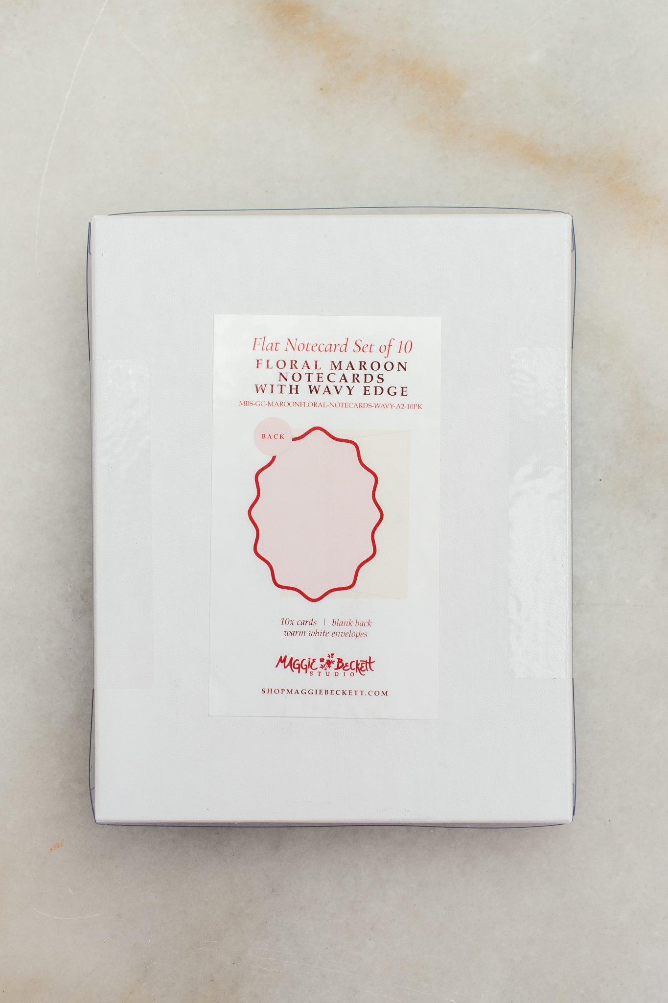 Boxed Set of 10 Floral Maroon Notecards with Wavy Edge