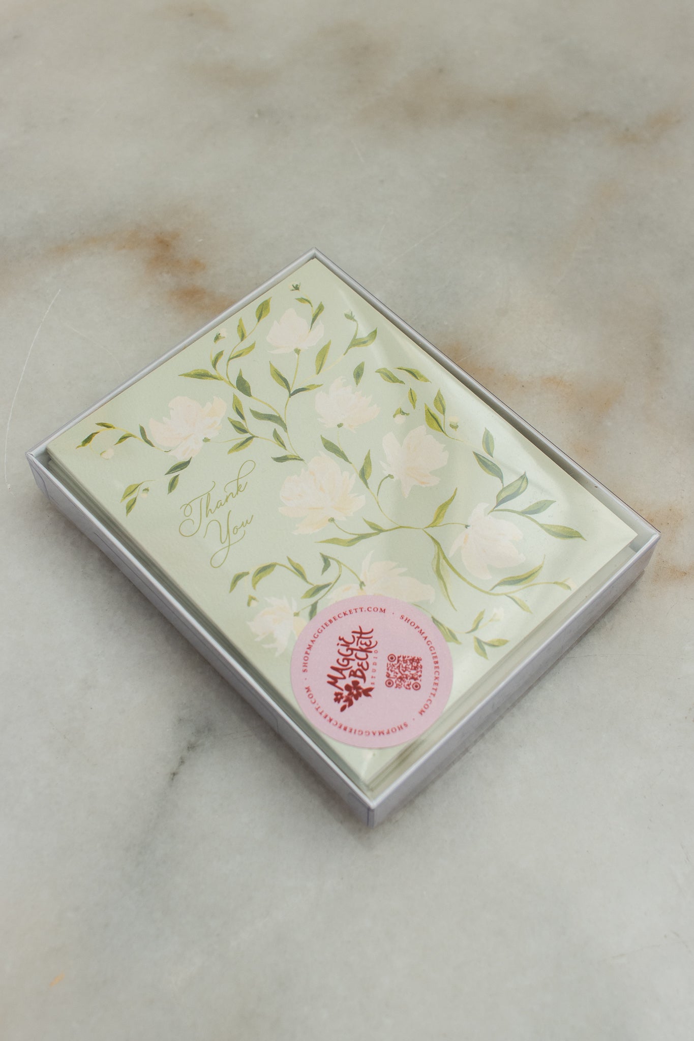 Boxed Set of 10 Green & White Flower Pattern Thank You Cards