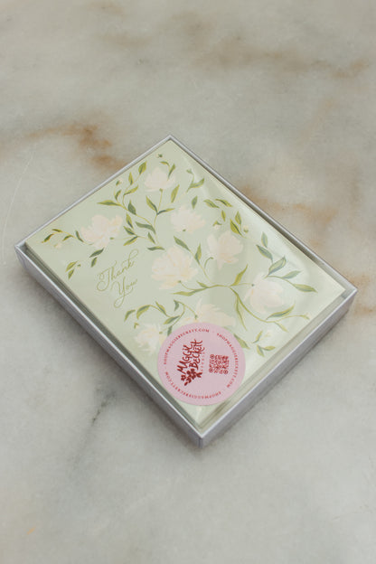Boxed Set of 10 Green & White Flower Pattern Thank You Cards