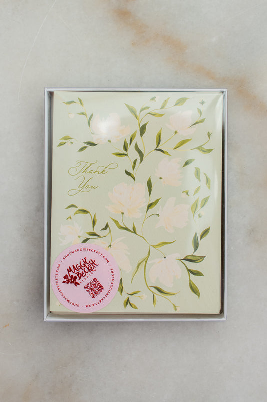 Boxed Set of 10 Green & White Flower Pattern Thank You Cards