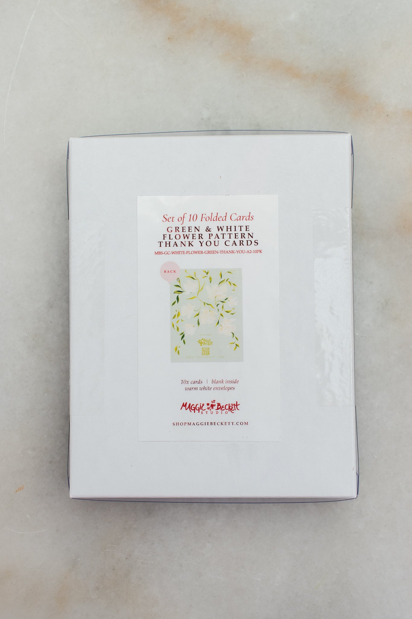 Boxed Set of 10 Green & White Flower Pattern Thank You Cards