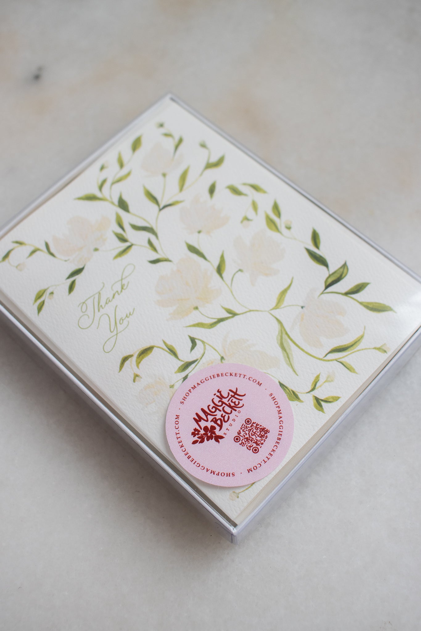 Boxed Set of 10 Cream Flower Pattern Thank You Cards