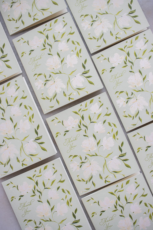 Boxed Set of 10 Green & White Flower Pattern Thank You Cards