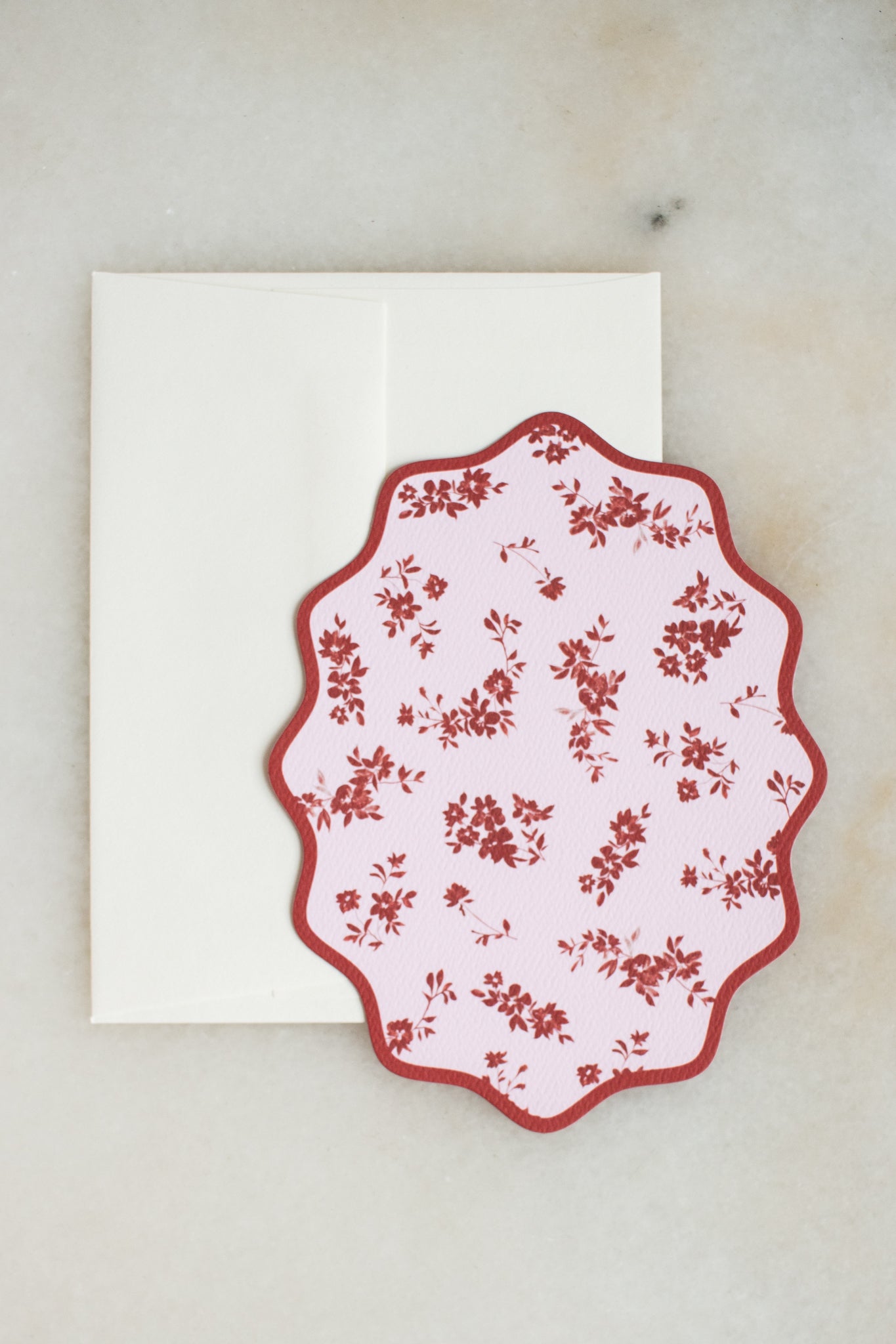 Boxed Set of 10 Floral Maroon Notecards with Wavy Edge