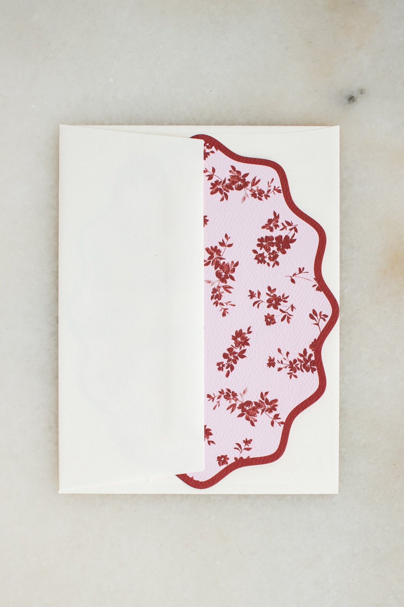 Boxed Set of 10 Floral Maroon Notecards with Wavy Edge