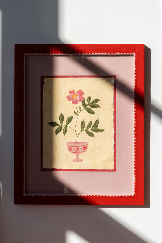 ORIGINAL: Pink Floral Vase in hand painted decorative frame