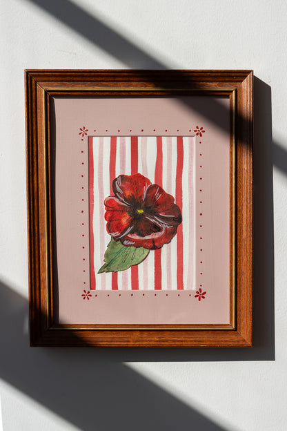 ORIGINAL: Red Poppy and Stripes in a decorative frame
