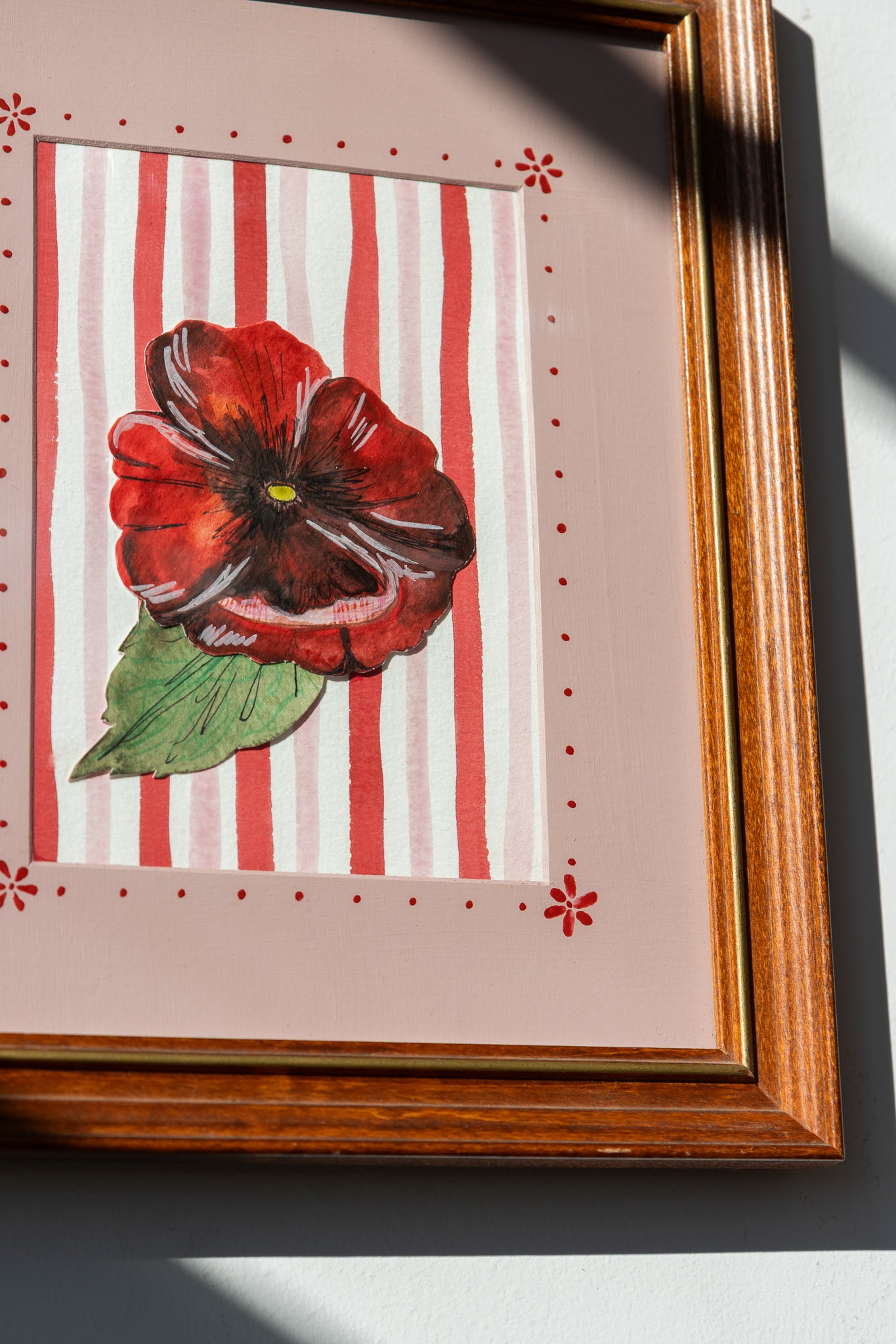 ORIGINAL: Red Poppy and Stripes in a decorative frame