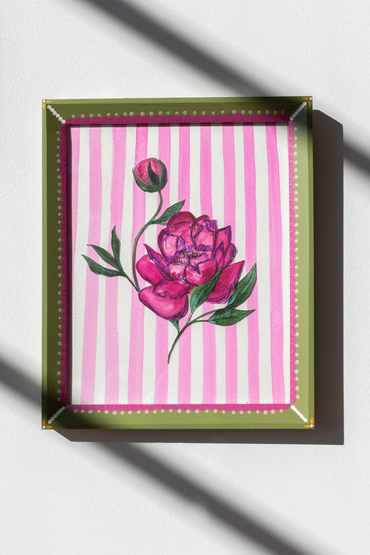 ORIGINAL: Hot Pink Peony and Stripes in Decorative Frame