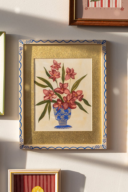 ORIGINAL: Blue Floral Vase in hand painted decorative frame