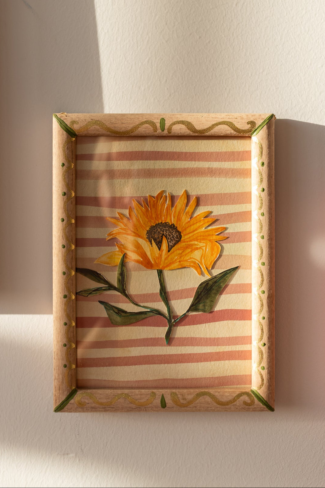 ORIGINAL: Sunflower and Stripes in a Decorative Frame