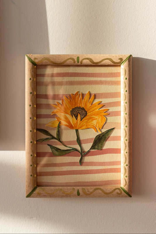 ORIGINAL: Sunflower and Stripes in a Decorative Frame