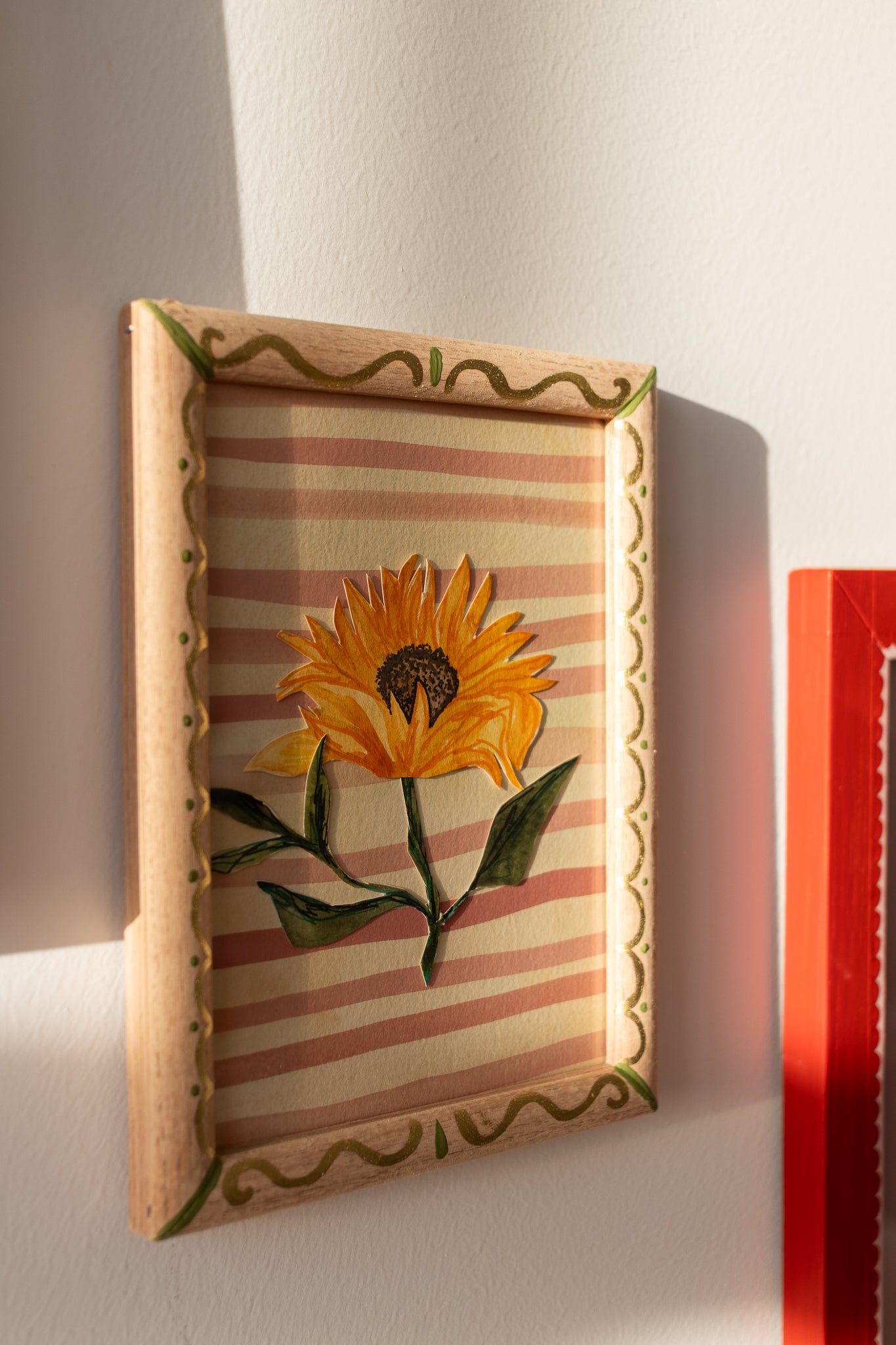 ORIGINAL: Sunflower and Stripes in a Decorative Frame