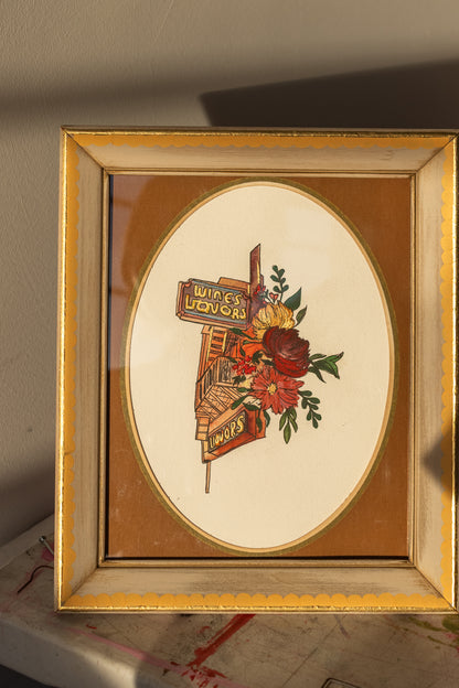 ORIGINAL: Wines + Liquors with Floral Detail in Decorative Frame