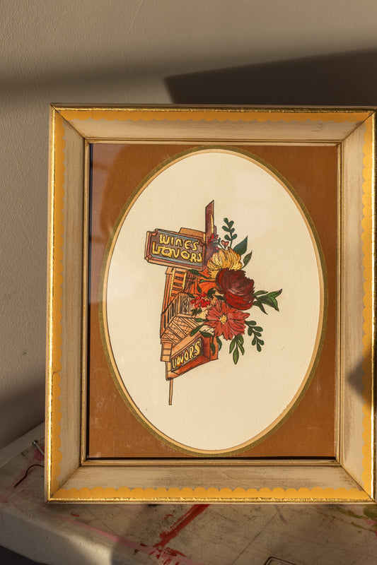 ORIGINAL: Wines + Liquors with Floral Detail in Decorative Frame