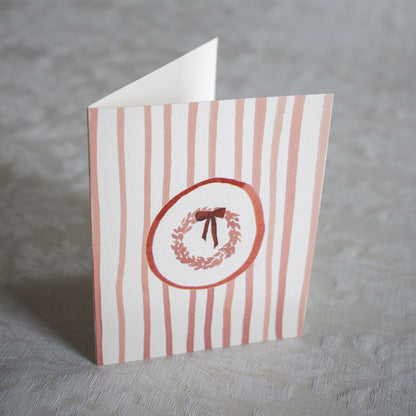 Striped Pink Holiday Wreath Card: Box Set of 10
