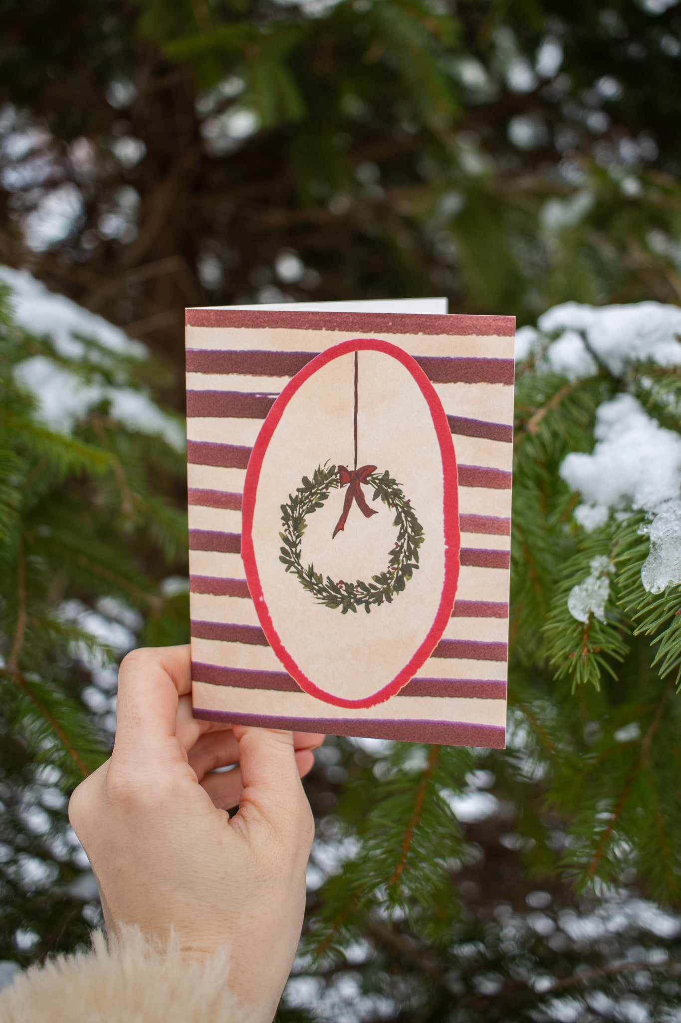 Striped Evergreen Holiday Wreath Card: Box Set of 10