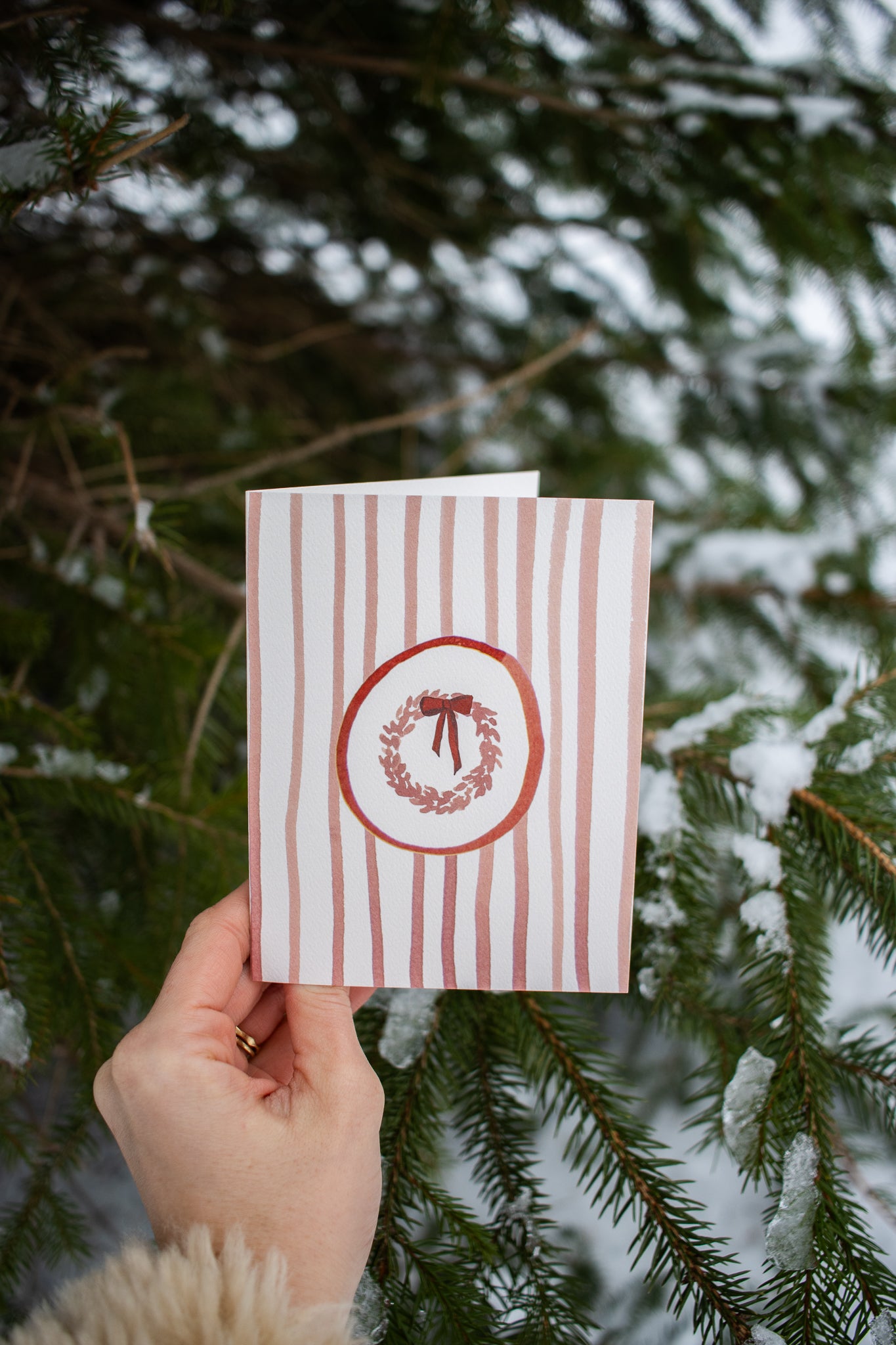 Striped Pink Holiday Wreath Card: Box Set of 10