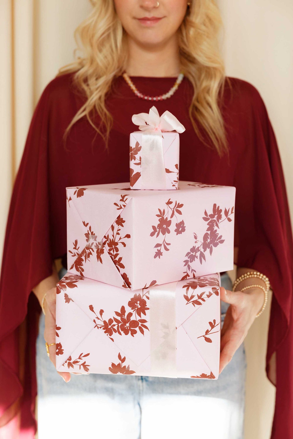 Pink and Maroon Floral Pattern Wrapping Paper