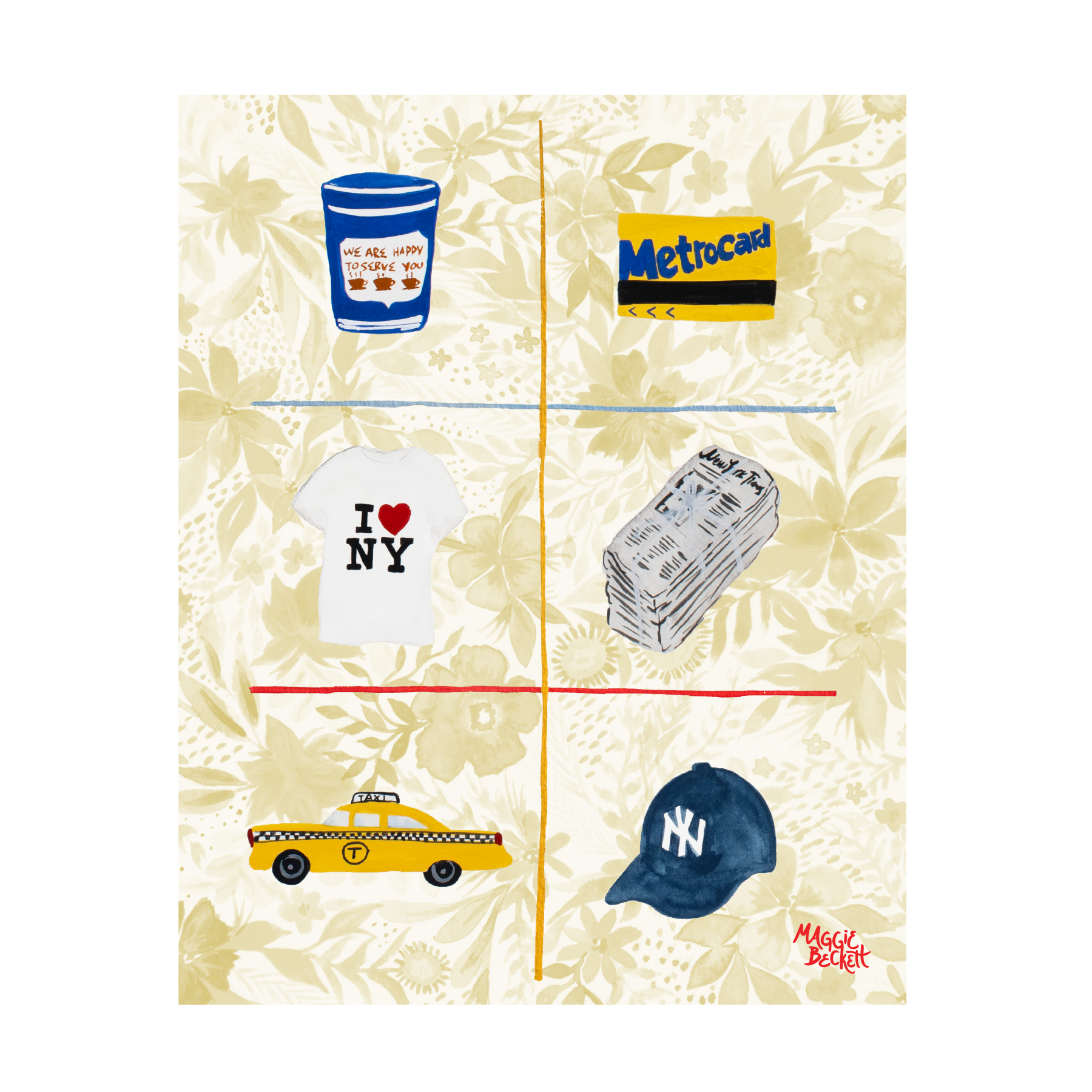 NYC Icons + Floral Backdrop Art Print