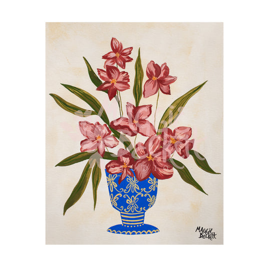 Mauve Flowers in Blue Vase Art Print
