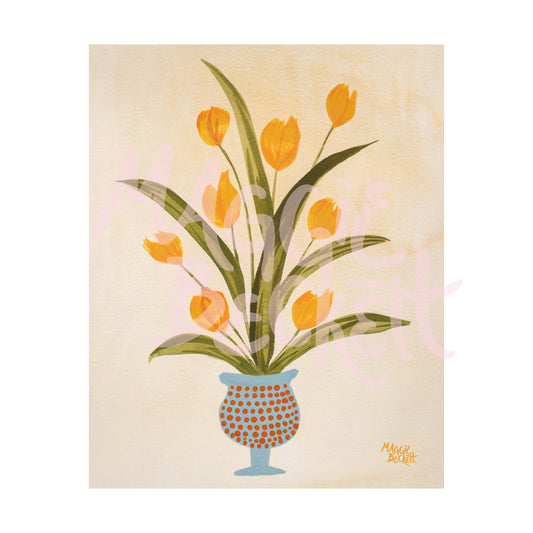 Yellow Tulip Blue Vase Art Print
