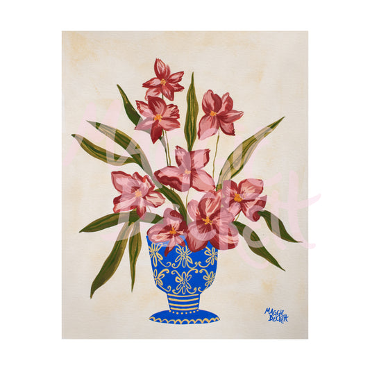 Mauve Flowers in Blue Vase Art Print