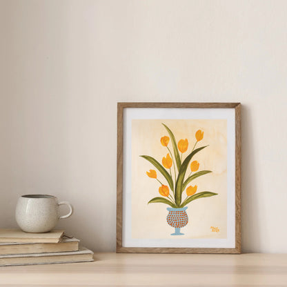 Yellow Tulip Blue Vase Art Print