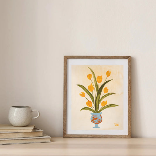 Yellow Tulip Blue Vase Art Print