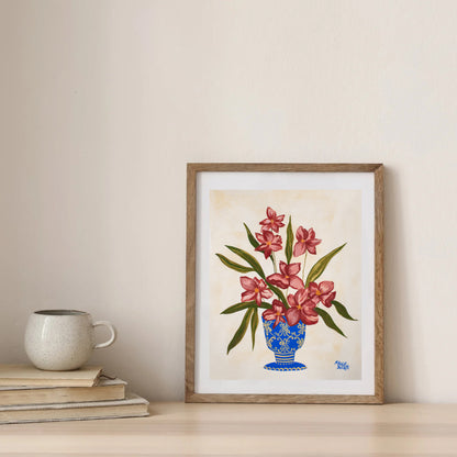 Mauve Flowers in Blue Vase Art Print